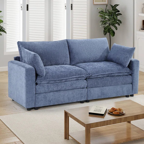 Wide Modern Upholstered Sofa, Chenille Couch With Square Armrests