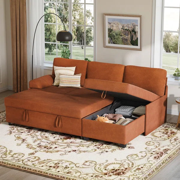 80" Corduroy Upholstered Sleeper Sofa with Storage Chaise & Pull-Out Bed