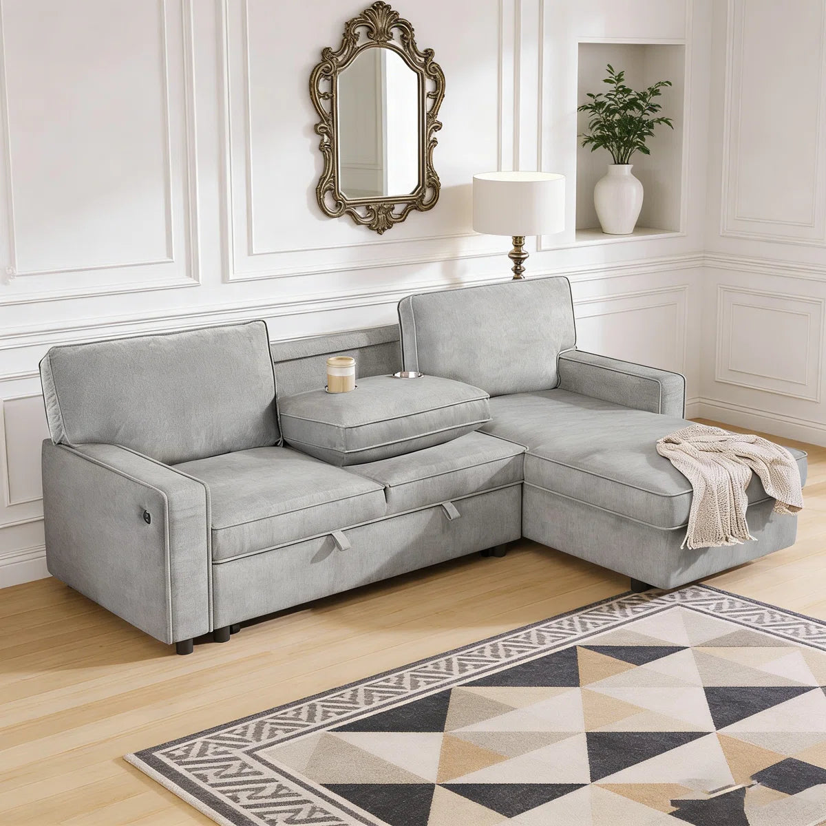 89 Inch Upholstery Sleeper Sectional Sofa with Storage Chaise, Sleeper Sofa Bed with USB Port, 2 Cup Holders on Back Cushions