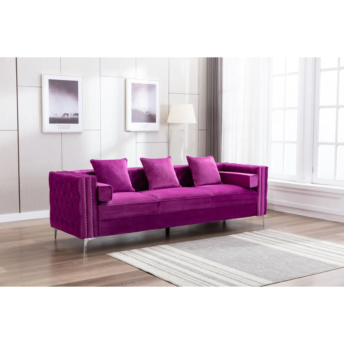 104" Velvet Square Arm Chesterfield Upholstered Sofa