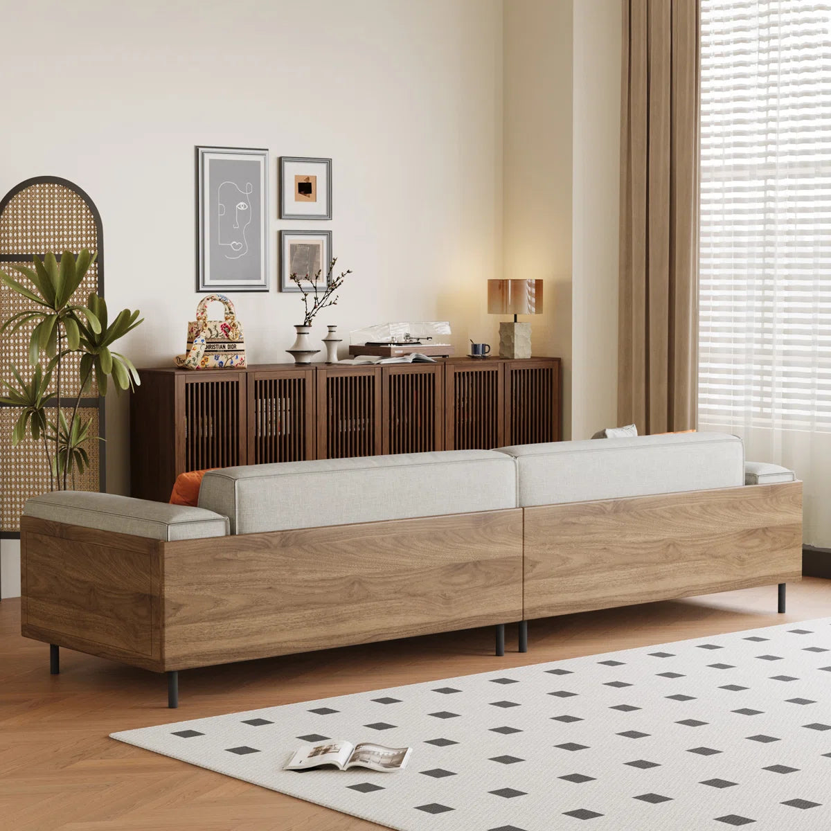 111.8'' Square Arms Compliant Sofa，Solid Wood Frame Couch