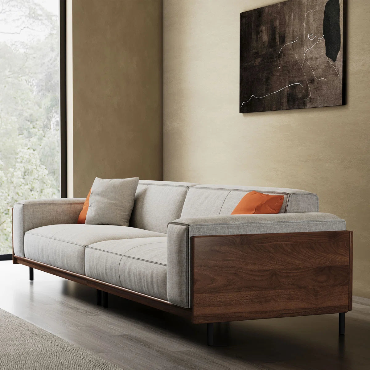 111.8'' Square Arms Compliant Sofa，Solid Wood Frame Couch