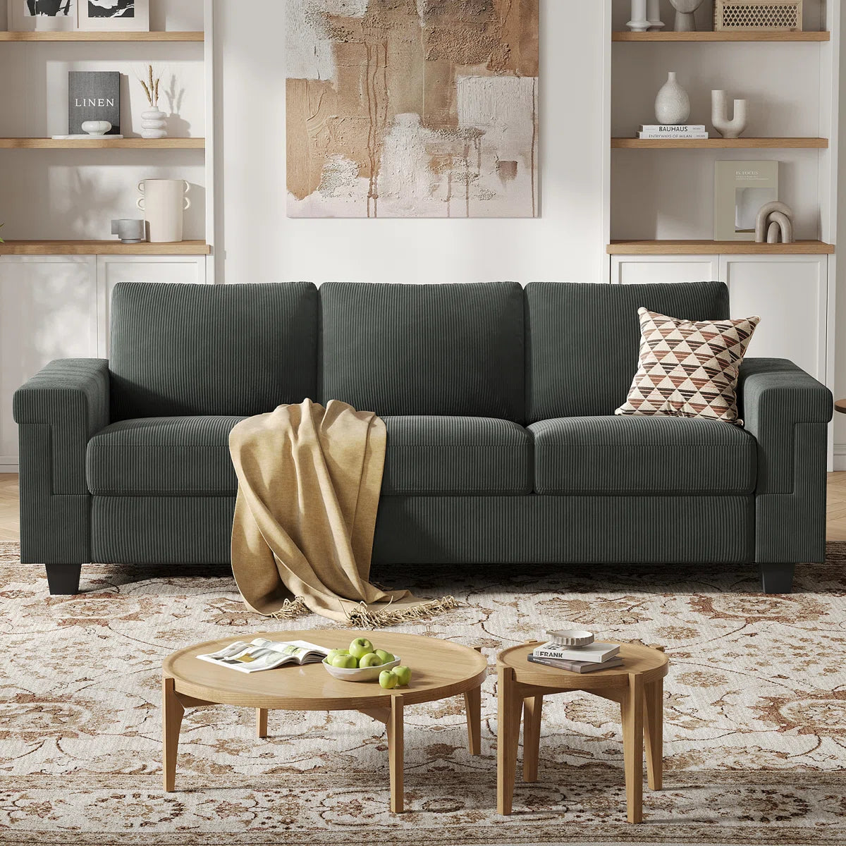 3 Seater Upholstered Sofa With Square Armrests For Living Room Apartment
