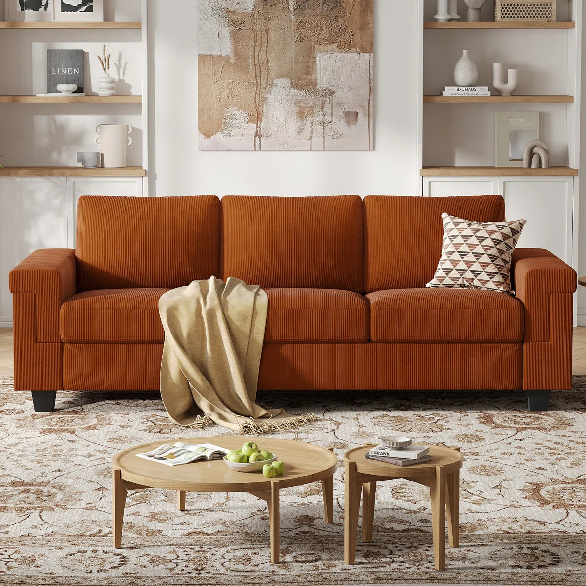 3 Seater Upholstered Sofa With Square Armrests For Living Room Apartment