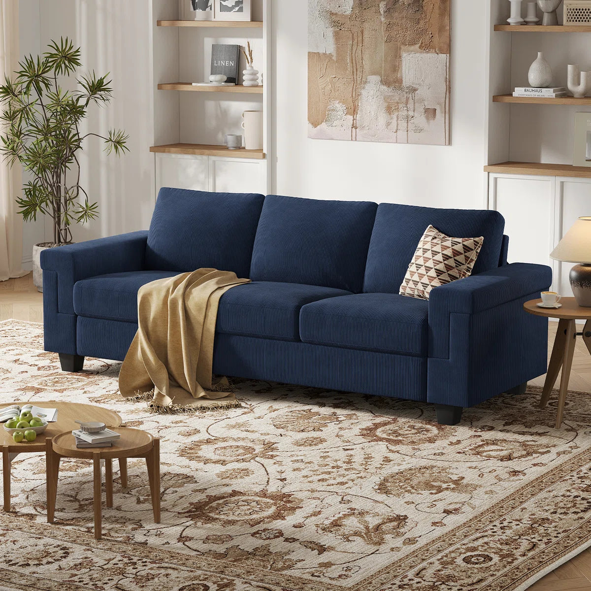3 Seater Upholstered Sofa With Square Armrests For Living Room Apartment