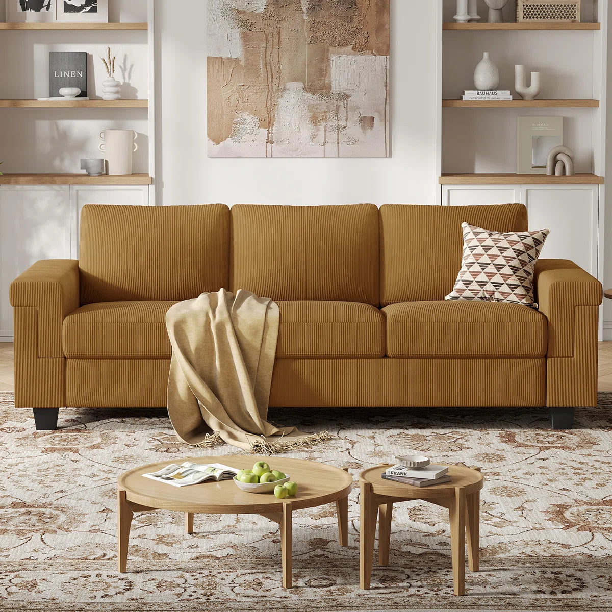 3 Seater Upholstered Sofa With Square Armrests For Living Room Apartment