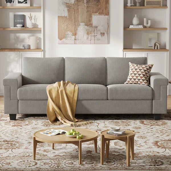 3 Seater Upholstered Sofa With Square Armrests For Living Room Apartment
