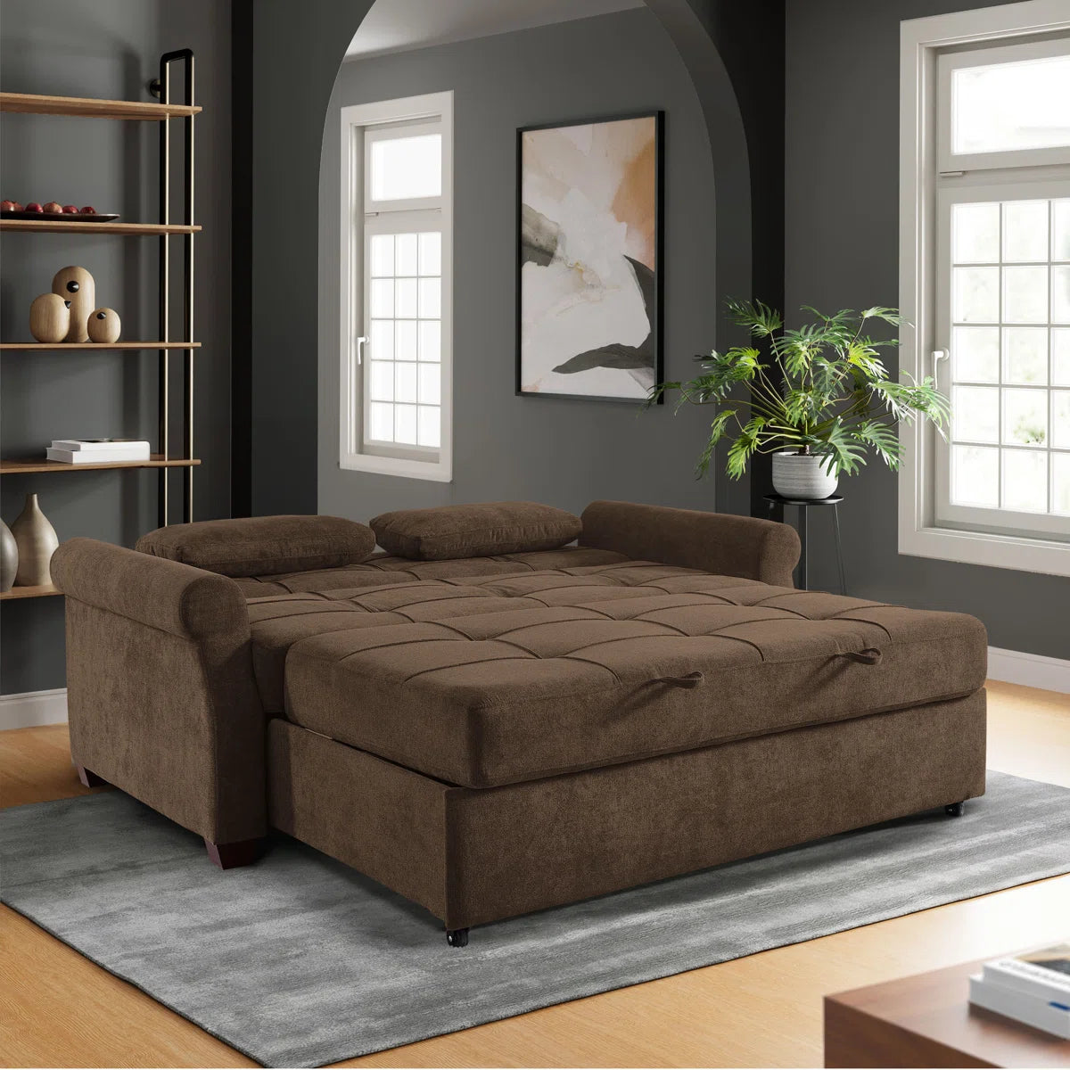 73" Queen Rolled Arm Tufted Back Convertible Sleeper Sofa Bed with Cushions