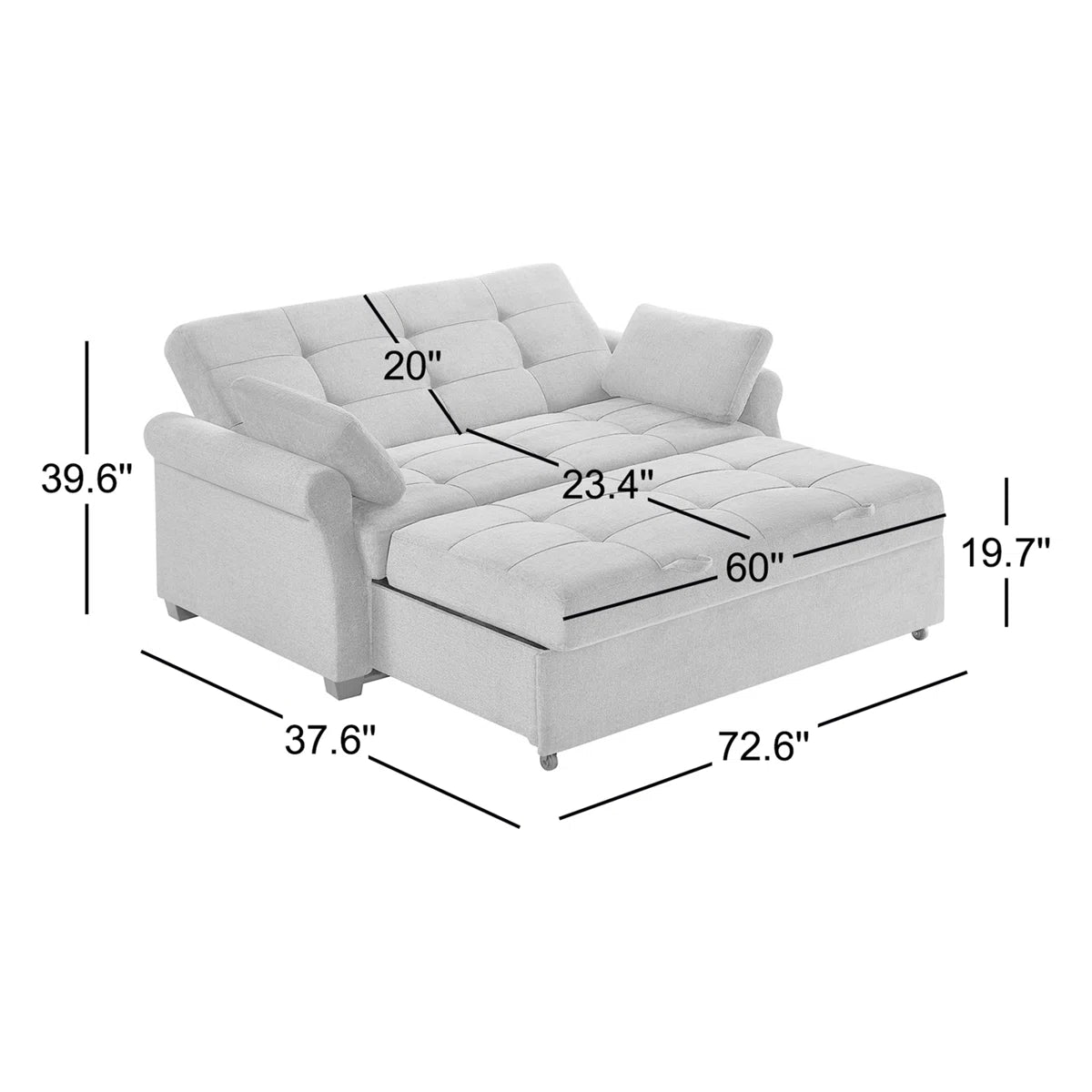 73" Queen Rolled Arm Tufted Back Convertible Sleeper Sofa Bed with Cushions