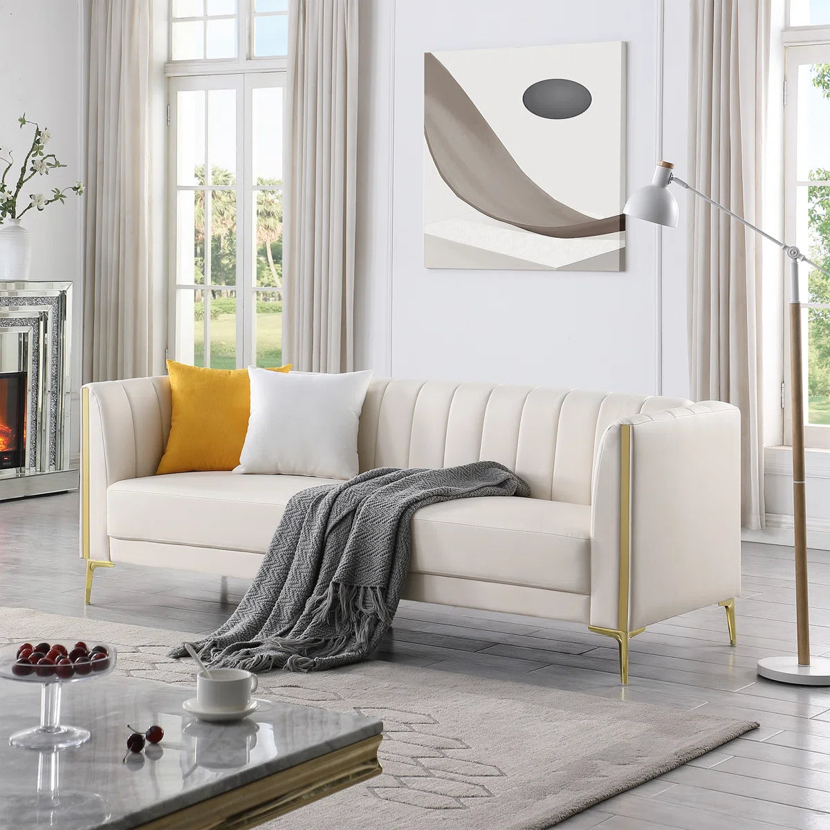 77.6"W Faux Leather Tuxedo Arm Sofa, 3 Seat Sofa with 2 Throw Pillows