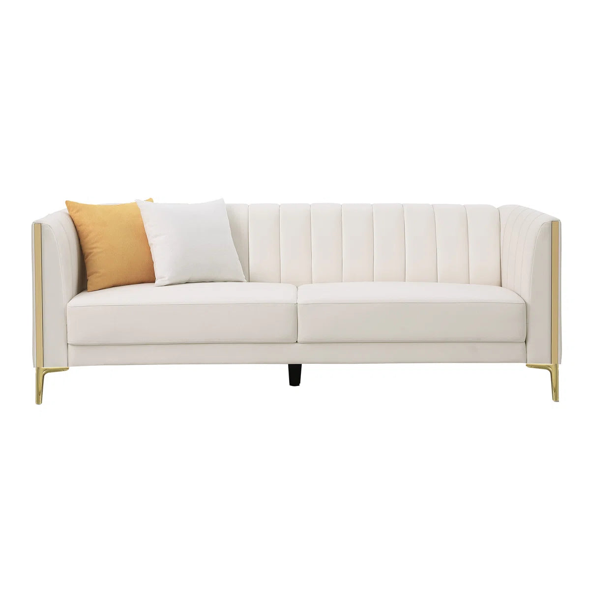77.6"W Faux Leather Tuxedo Arm Sofa, 3 Seat Sofa with 2 Throw Pillows
