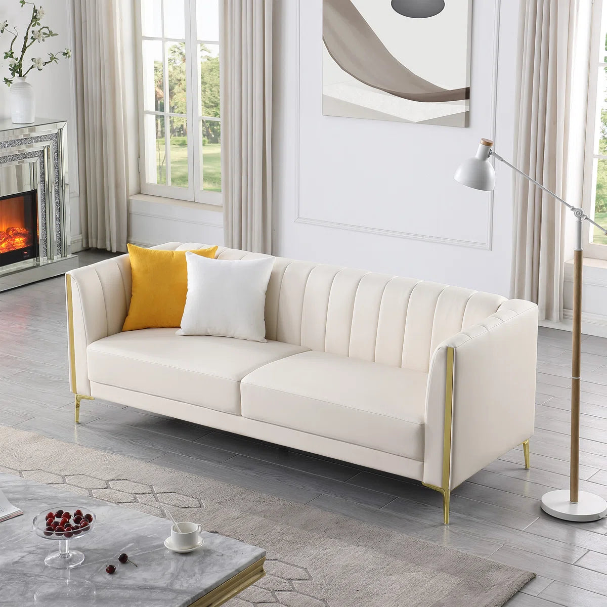 77.6"W Faux Leather Tuxedo Arm Sofa, 3 Seat Sofa with 2 Throw Pillows