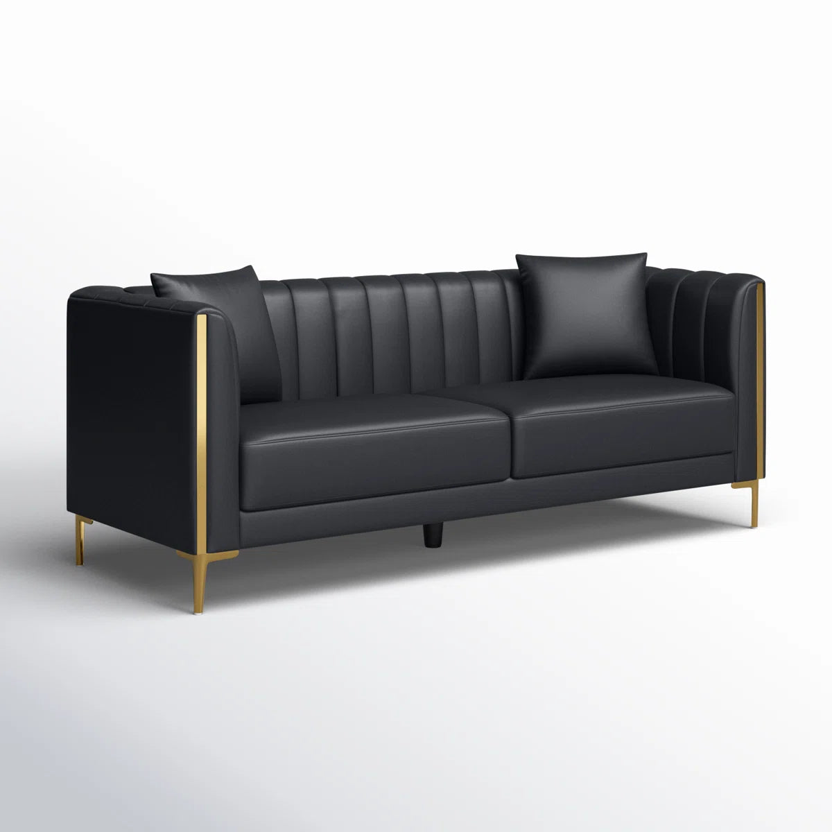 77.6"W Faux Leather Tuxedo Arm Sofa, 3 Seat Sofa with 2 Throw Pillows