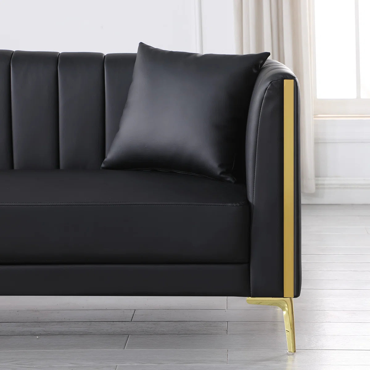 77.6"W Faux Leather Tuxedo Arm Sofa, 3 Seat Sofa with 2 Throw Pillows