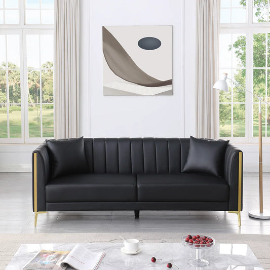77.6"W Faux Leather Tuxedo Arm Sofa, 3 Seat Sofa with 2 Throw Pillows