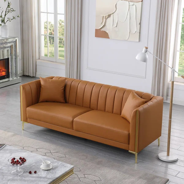 77.6"W Faux Leather Tuxedo Arm Sofa, 3 Seat Sofa with 2 Throw Pillows
