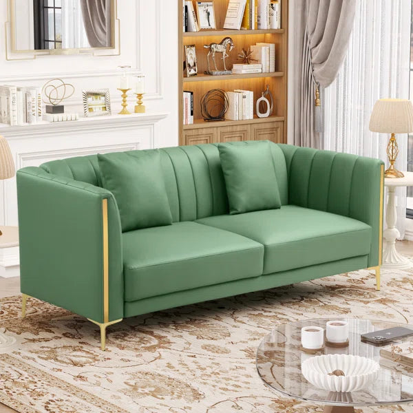 77.6"W Faux Leather Tuxedo Arm Sofa, 3 Seat Sofa with 2 Throw Pillows