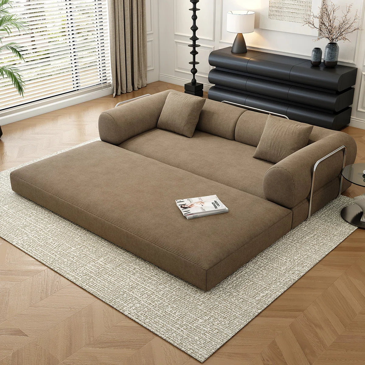 78.8 Modular Sofa Bed - 4-in-1 Convertible Design with Corduroy Fabric and High Density Sponge, Removable Cover and Fixed Frame