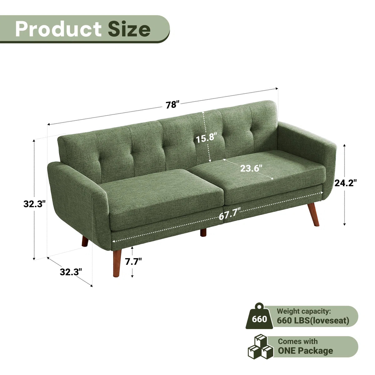 78" Mid Century Modern Square Arms Linen Upholstered Sofa