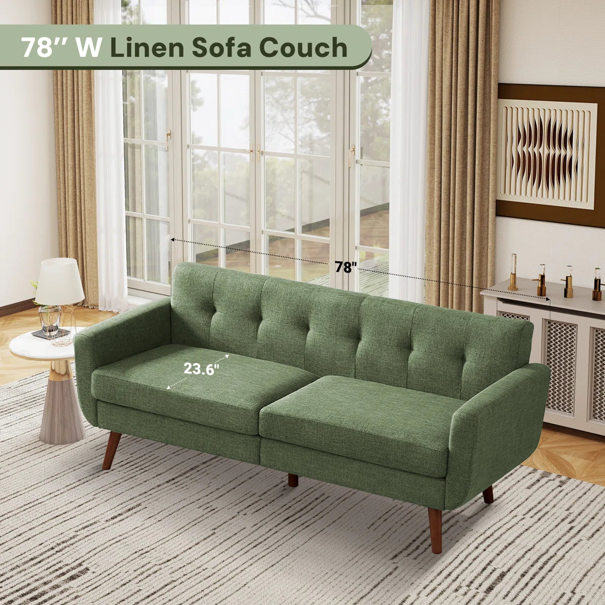 78" Mid Century Modern Square Arms Linen Upholstered Sofa