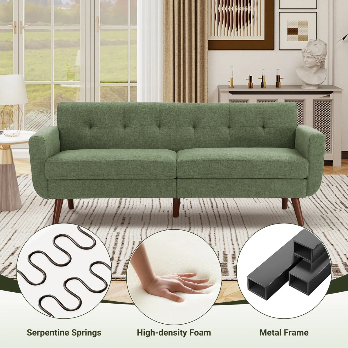 78" Mid Century Modern Square Arms Linen Upholstered Sofa