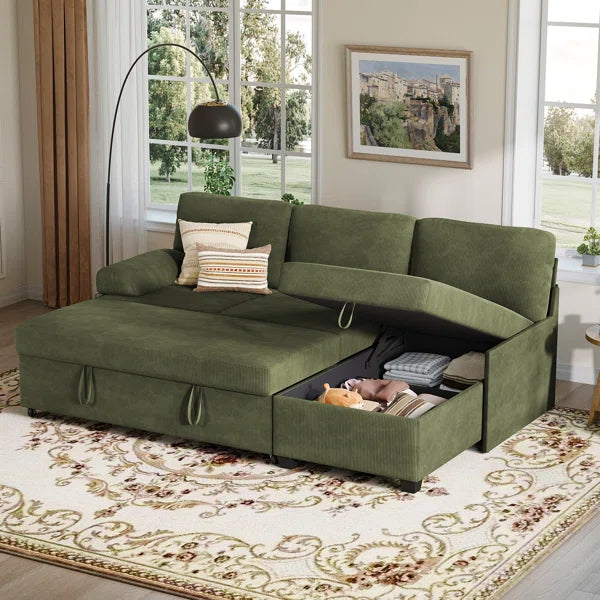 80" Corduroy Upholstered Sleeper Sofa with Storage Chaise & Pull-Out Bed