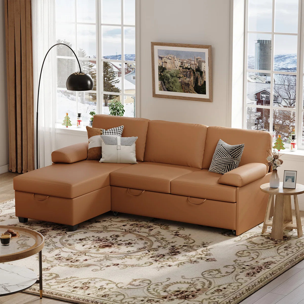 80" Corduroy Upholstered Sleeper Sofa with Storage Chaise & Pull-Out Bed