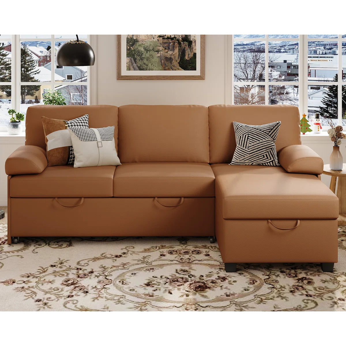 80" Corduroy Upholstered Sleeper Sofa with Storage Chaise & Pull-Out Bed