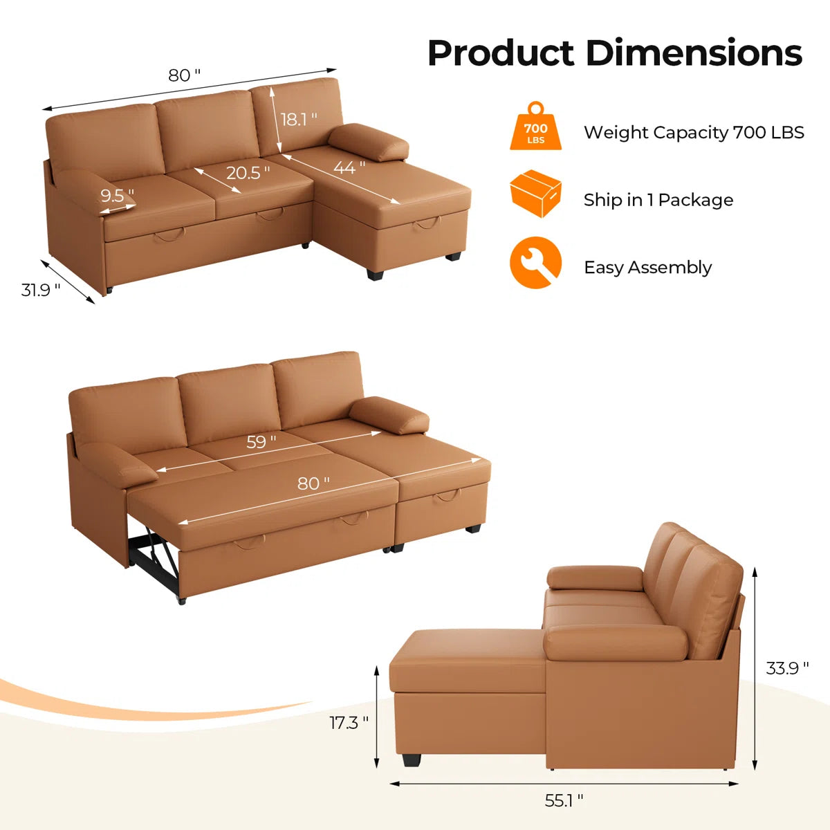 80" Corduroy Upholstered Sleeper Sofa with Storage Chaise & Pull-Out Bed