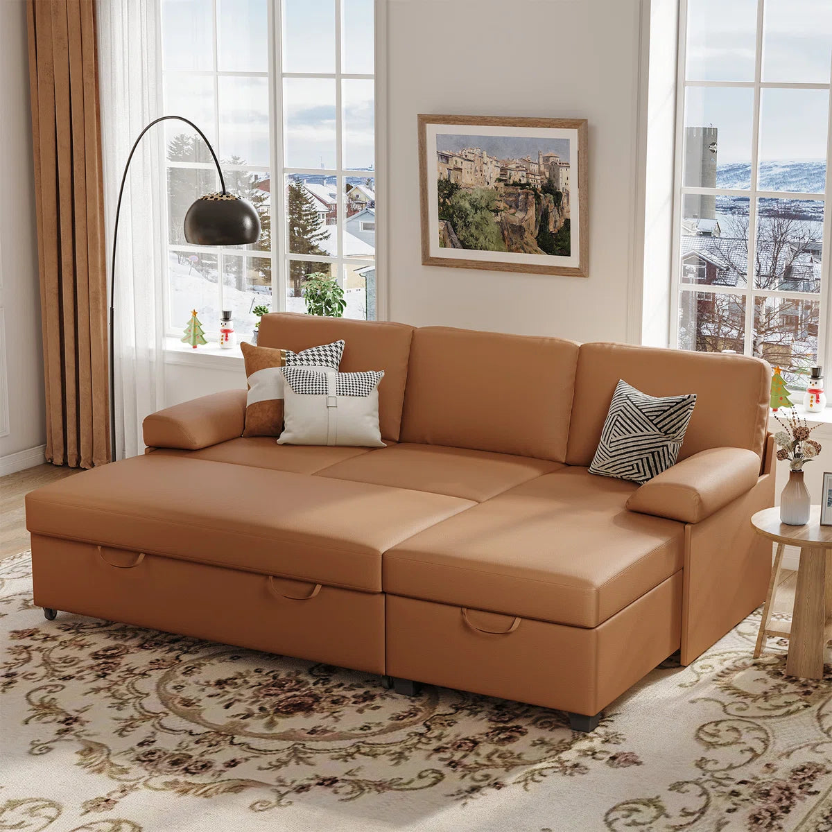 80" Corduroy Upholstered Sleeper Sofa with Storage Chaise & Pull-Out Bed
