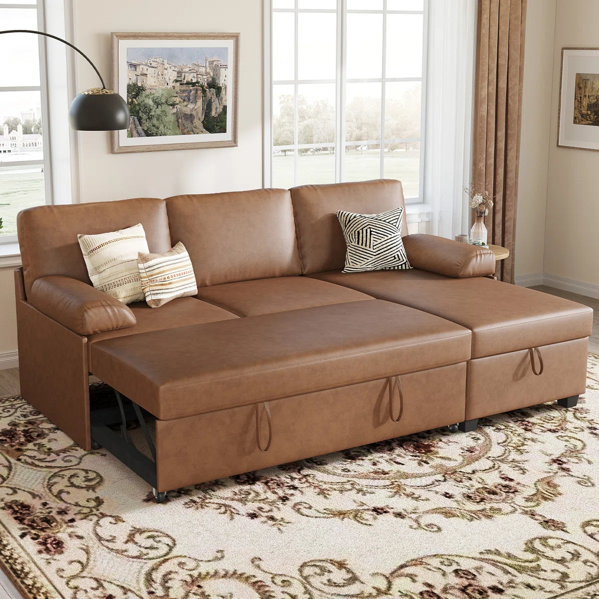80" Corduroy Upholstered Sleeper Sofa with Storage Chaise & Pull-Out Bed
