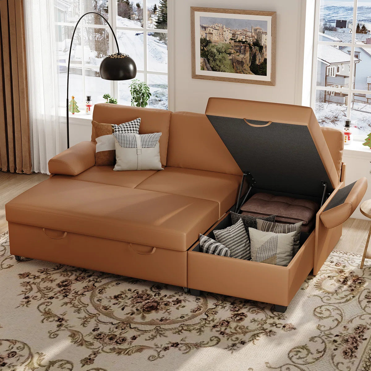 80" Corduroy Upholstered Sleeper Sofa with Storage Chaise & Pull-Out Bed