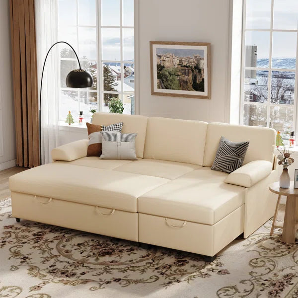 80" Corduroy Upholstered Sleeper Sofa with Storage Chaise & Pull-Out Bed