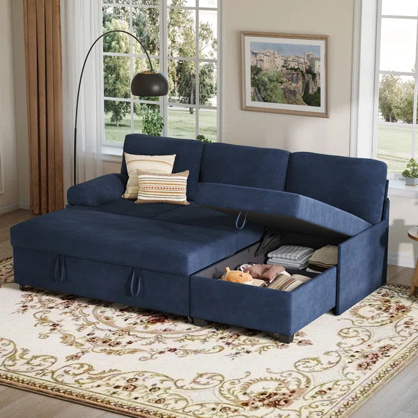 80" Corduroy Upholstered Sleeper Sofa with Storage Chaise & Pull-Out Bed