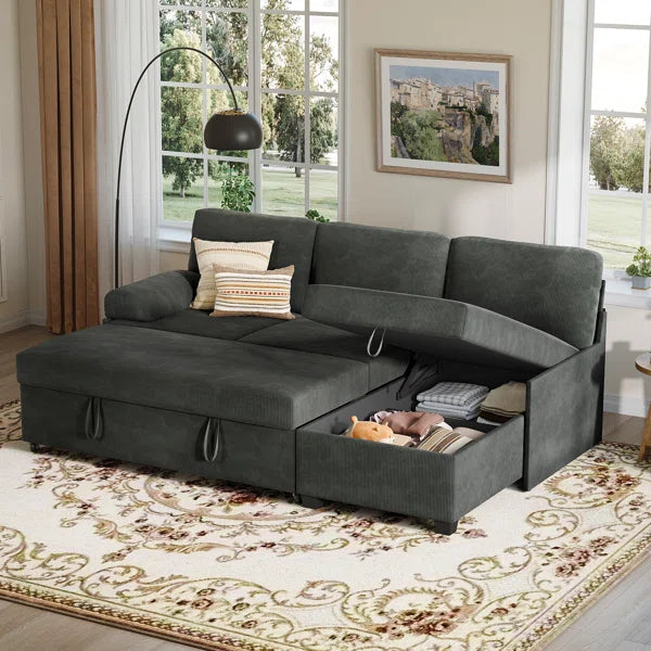 80" Corduroy Upholstered Sleeper Sofa with Storage Chaise & Pull-Out Bed