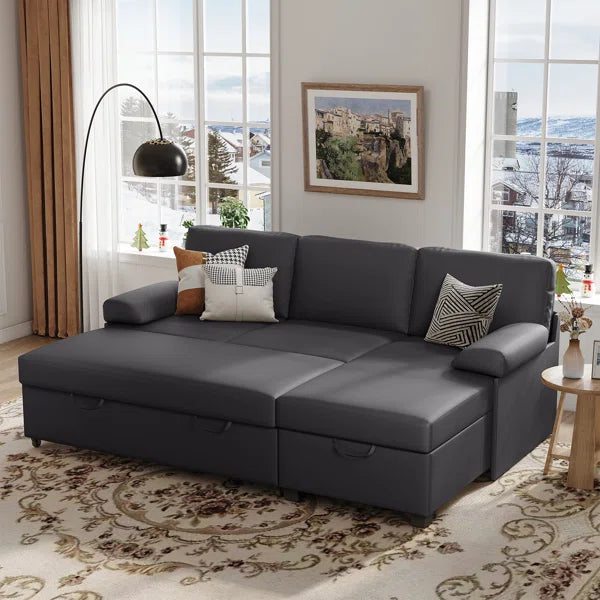 80" Corduroy Upholstered Sleeper Sofa with Storage Chaise & Pull-Out Bed