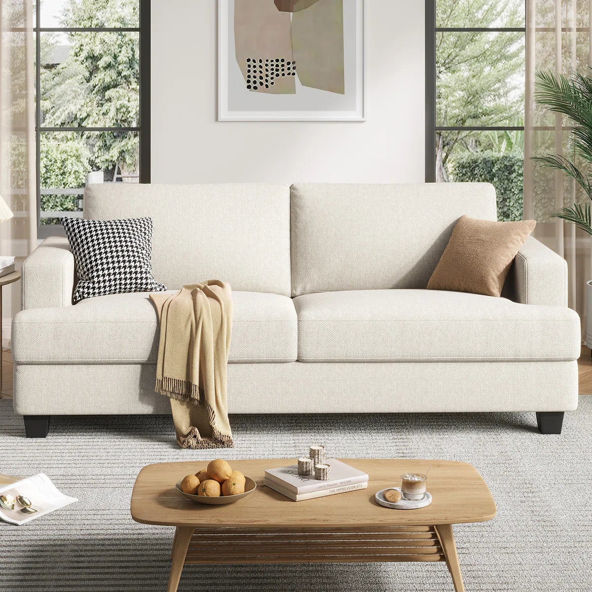 Upholstered Loveseat Sofa, Linen Fabric 2 Seater Couch For Apartment Bedroom Living Room Office