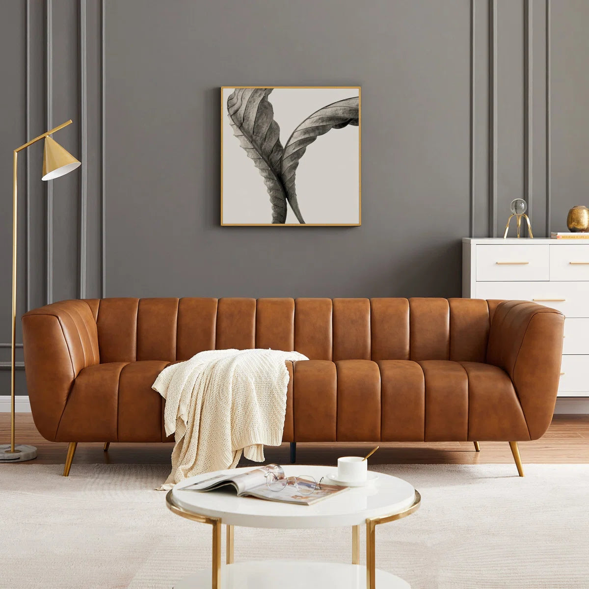 85.5'' Modern Living Room Full Grain Leather Sofa Couch