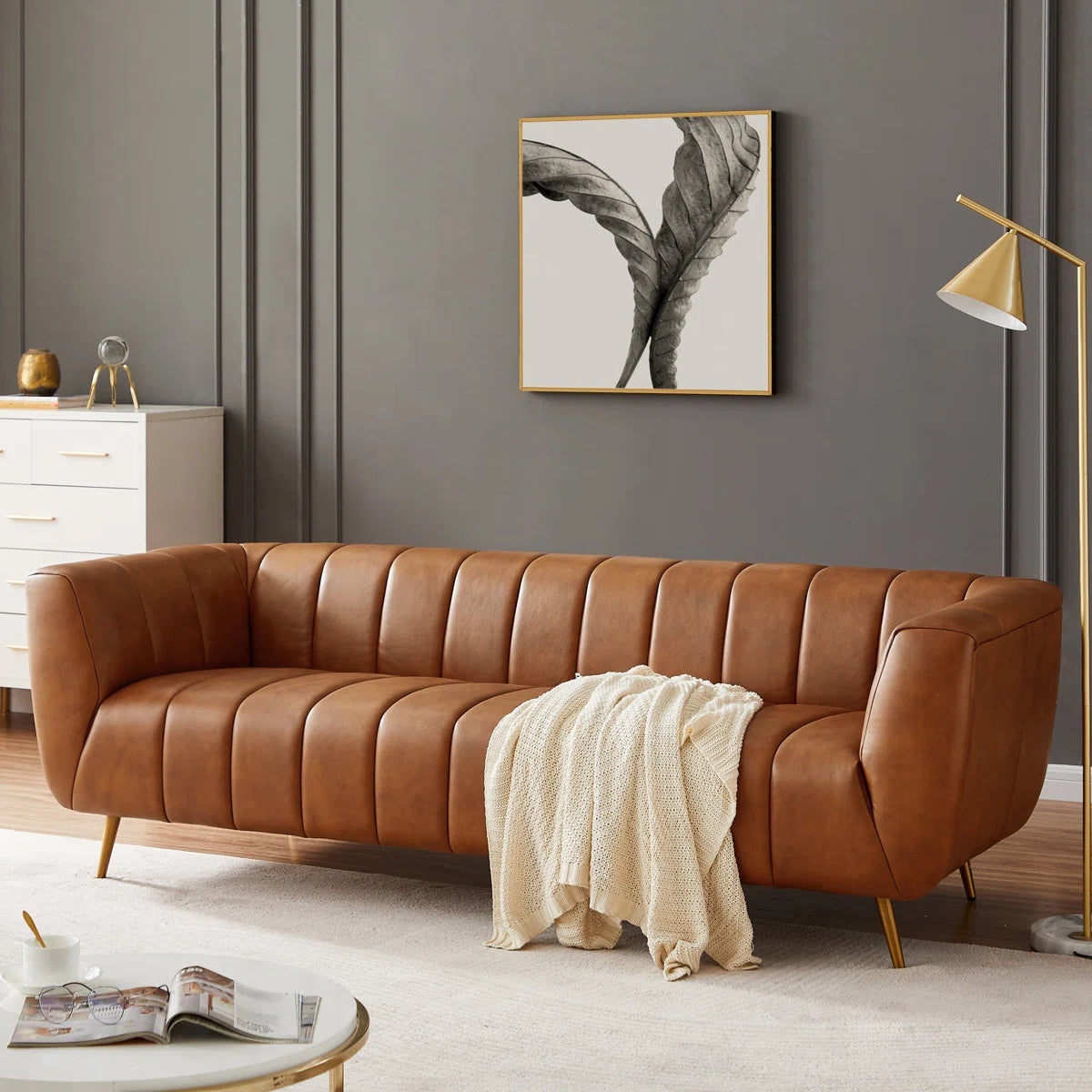 85.5'' Modern Living Room Full Grain Leather Sofa Couch
