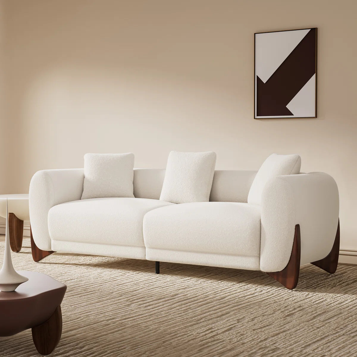 87" Upholstered Boucle Sofa with Wood Wedge Legs