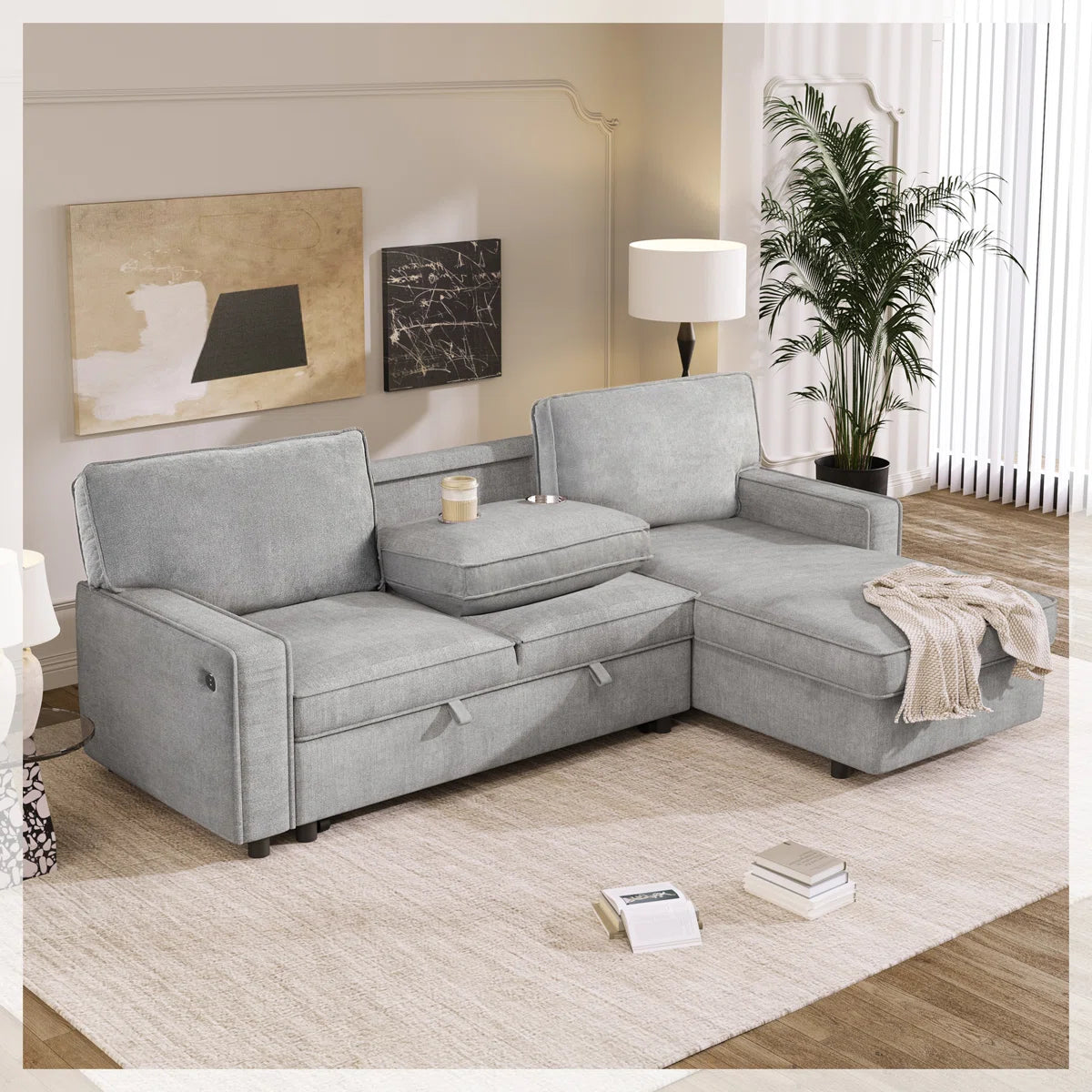 89 Inch Upholstery Sleeper Sectional Sofa with Storage Chaise, Sleeper Sofa Bed with USB Port, 2 Cup Holders on Back Cushions