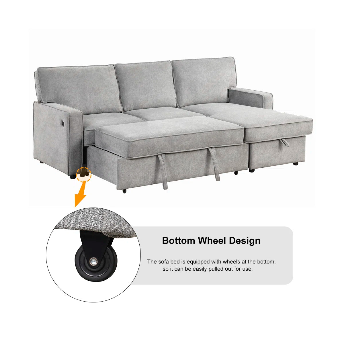 89 Inch Upholstery Sleeper Sectional Sofa with Storage Chaise, Sleeper Sofa Bed with USB Port, 2 Cup Holders on Back Cushions