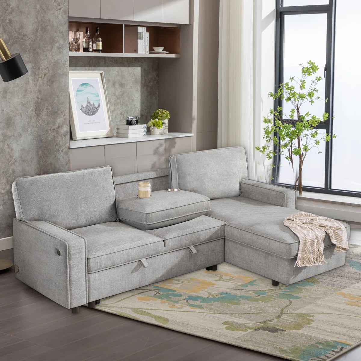 89 Inch Upholstery Sleeper Sectional Sofa with Storage Chaise, Sleeper Sofa Bed with USB Port, 2 Cup Holders on Back Cushions