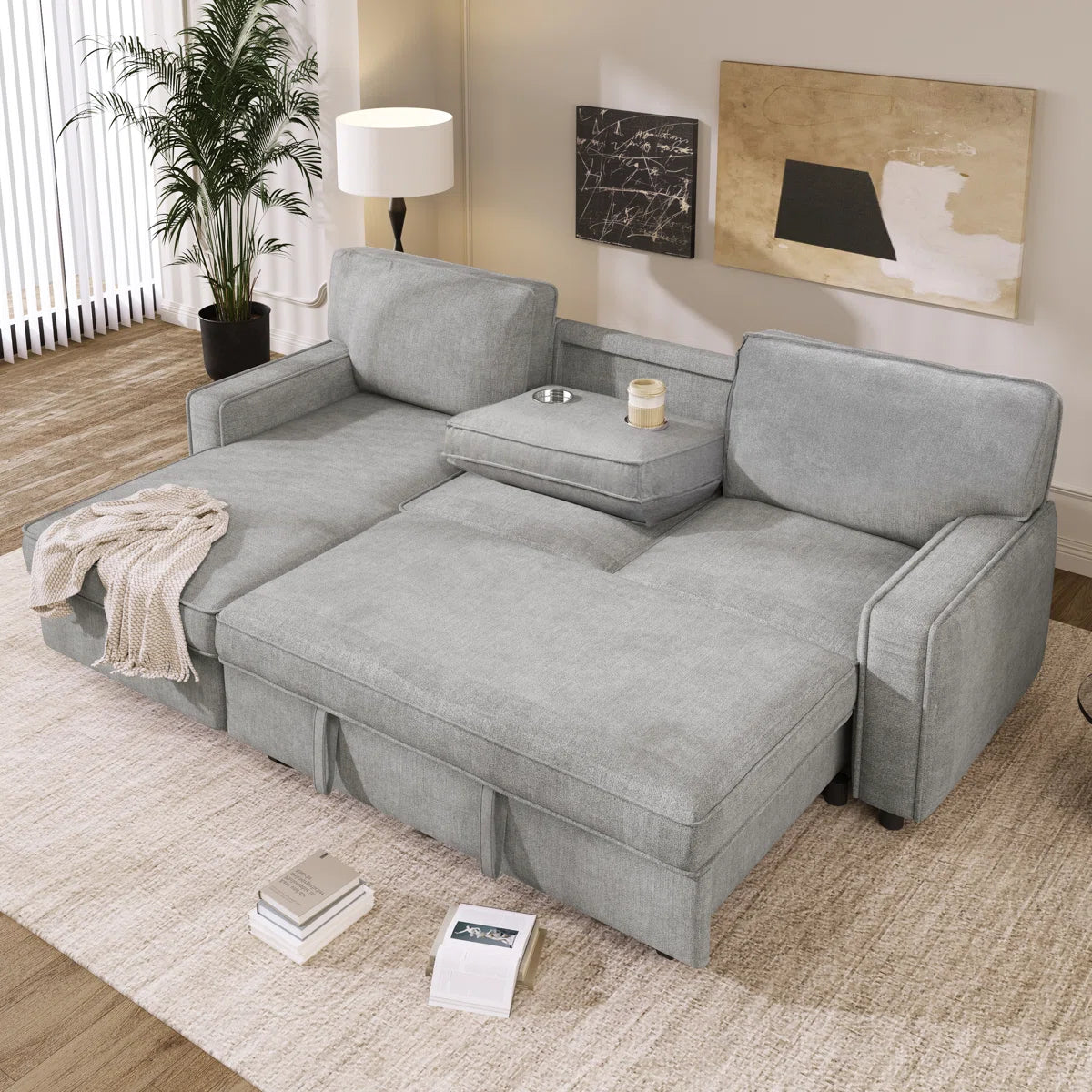 89 Inch Upholstery Sleeper Sectional Sofa with Storage Chaise, Sleeper Sofa Bed with USB Port, 2 Cup Holders on Back Cushions