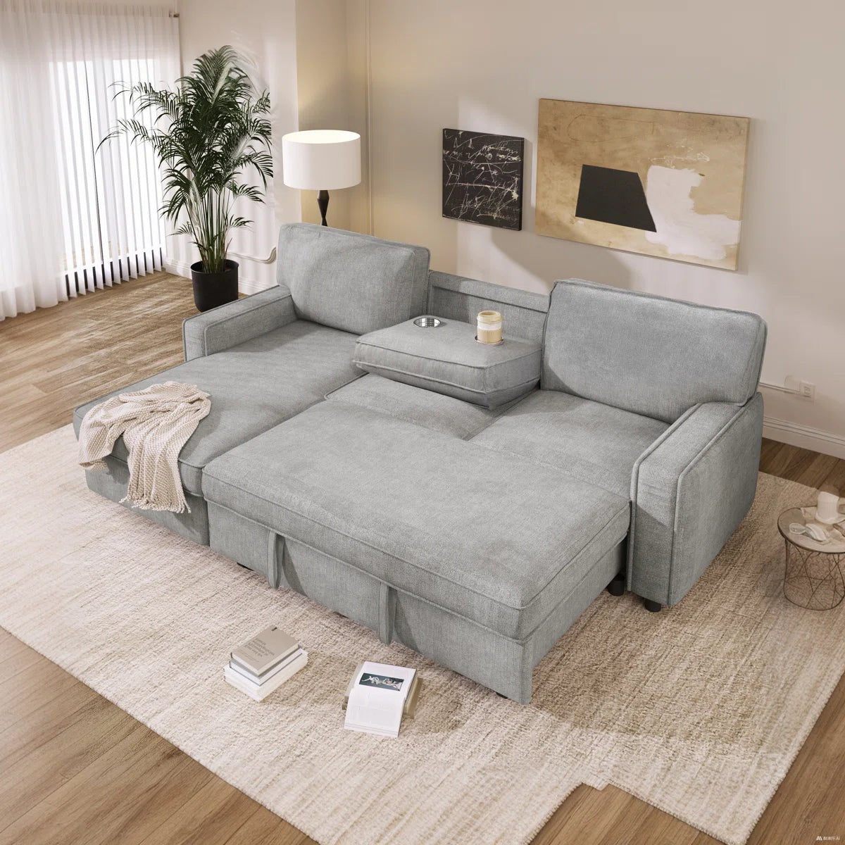 89 Inch Upholstery Sleeper Sectional Sofa with Storage Chaise, Sleeper Sofa Bed with USB Port, 2 Cup Holders on Back Cushions