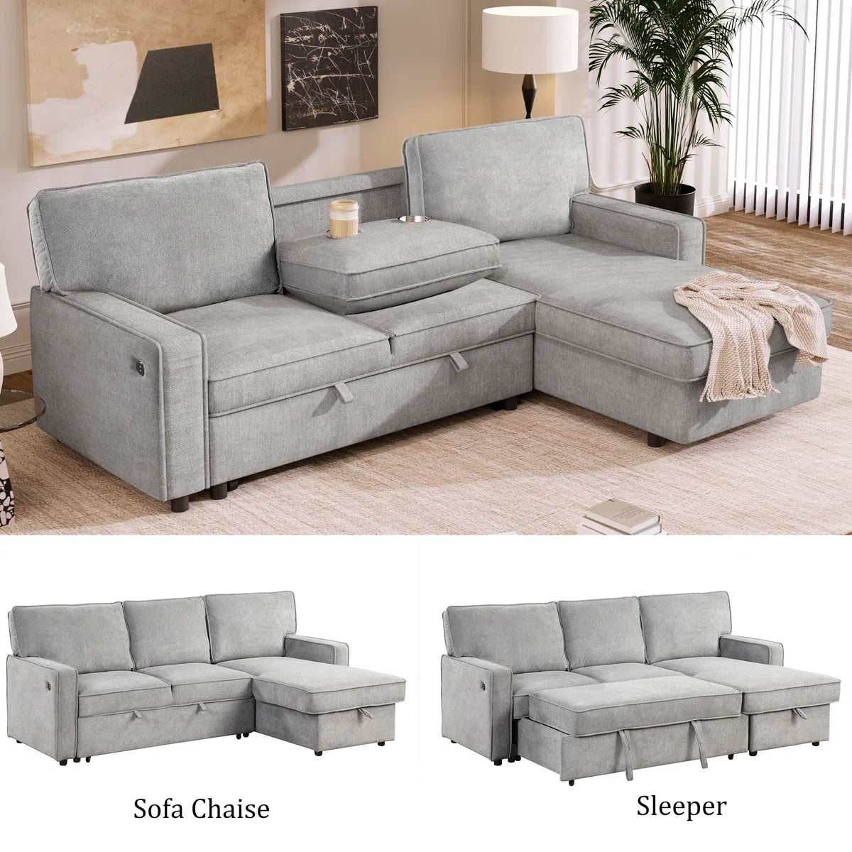89 Inch Upholstery Sleeper Sectional Sofa with Storage Chaise, Sleeper Sofa Bed with USB Port, 2 Cup Holders on Back Cushions