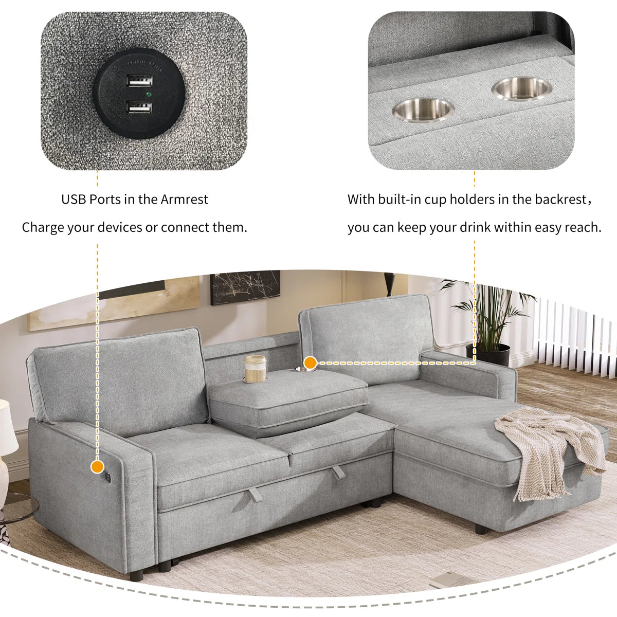 89 Inch Upholstery Sleeper Sectional Sofa with Storage Chaise, Sleeper Sofa Bed with USB Port, 2 Cup Holders on Back Cushions