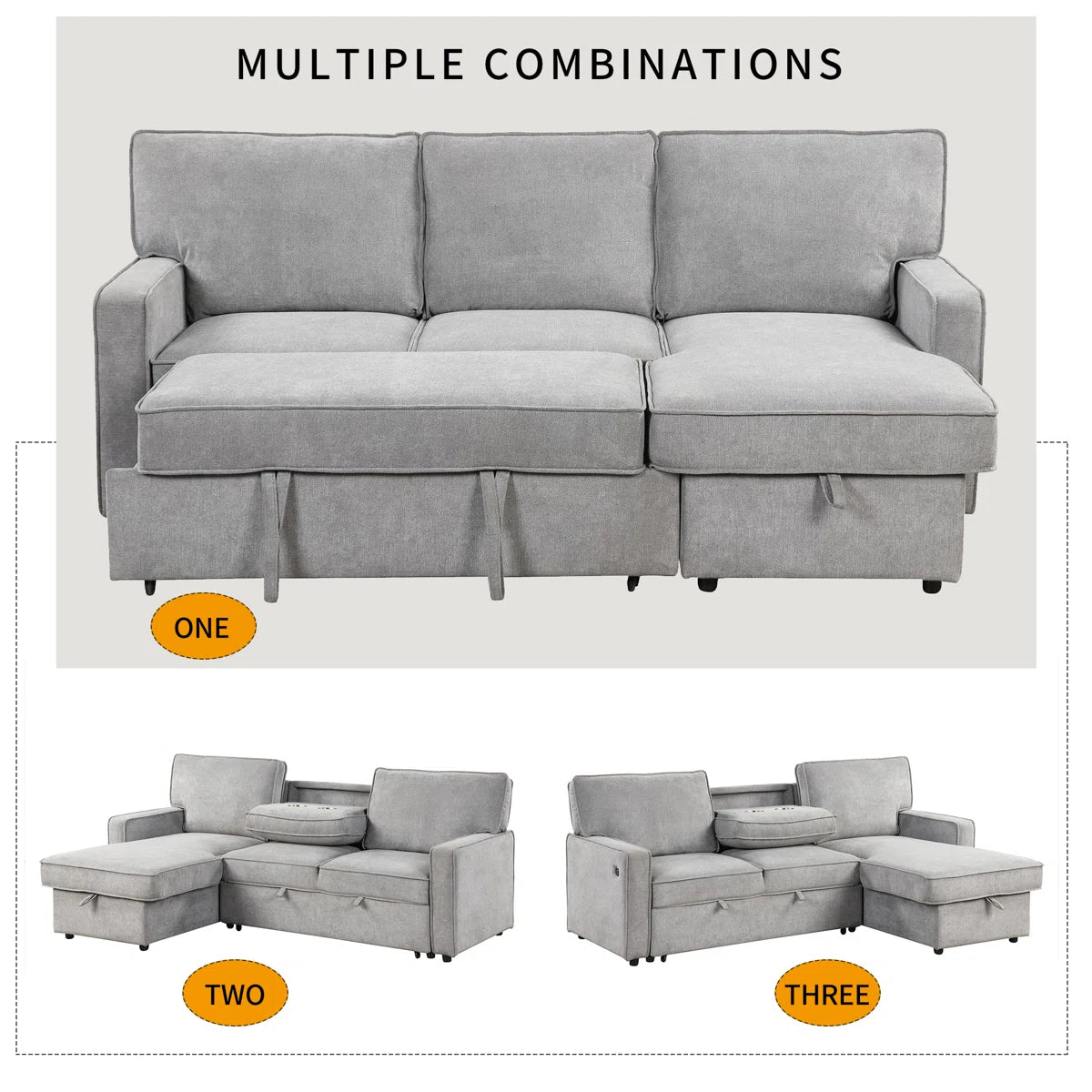 89 Inch Upholstery Sleeper Sectional Sofa with Storage Chaise, Sleeper Sofa Bed with USB Port, 2 Cup Holders on Back Cushions