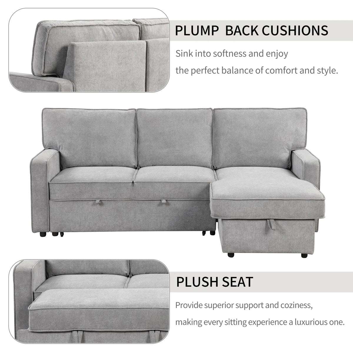 89 Inch Upholstery Sleeper Sectional Sofa with Storage Chaise, Sleeper Sofa Bed with USB Port, 2 Cup Holders on Back Cushions
