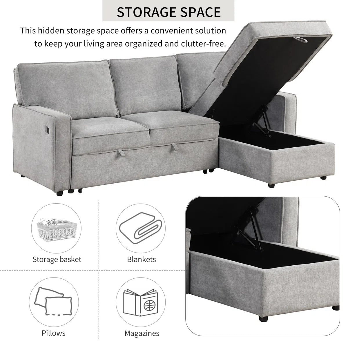 89 Inch Upholstery Sleeper Sectional Sofa with Storage Chaise, Sleeper Sofa Bed with USB Port, 2 Cup Holders on Back Cushions